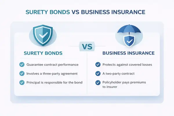 Infografía comparativa de fianzas y seguros comerciales para pequeñas empresas