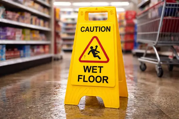 Señal de precaución de piso mojado en una tienda que representa una reclamación por responsabilidad civil general por resbalón y caída.