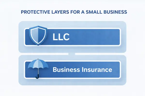 Infografía que compara las capas de cobertura de seguro comercial y de protección de responsabilidad de LLC