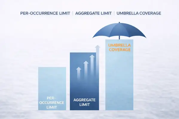 Infografía de los límites de la póliza de seguro comercial por ocurrencia, agregado y paraguas.