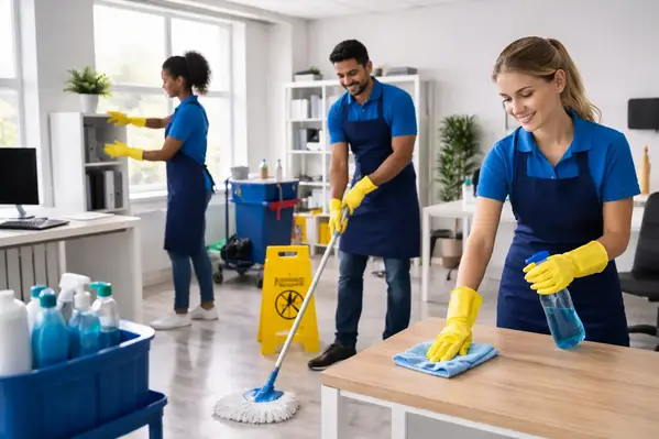 Personal de empresa de limpieza profesional, afianzado y asegurado, trabajando en oficina