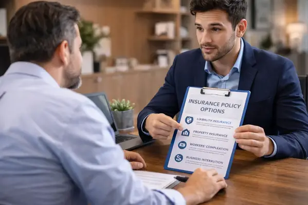 Agente de seguros explicando las opciones de cobertura para demandas comerciales al propietario de un negocio.
