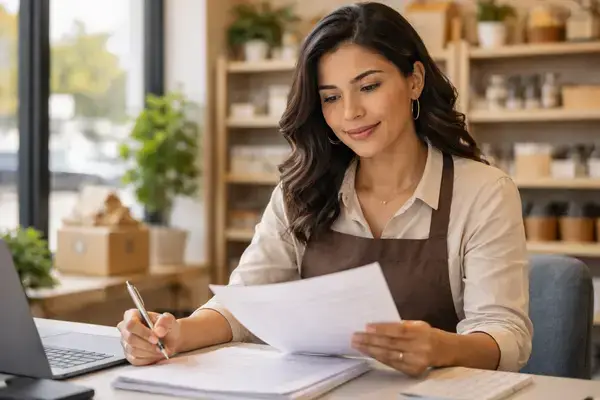 Propietario de una pequeña empresa de Houston revisando los documentos de la póliza de seguro para propietarios de negocios en una tienda minorista