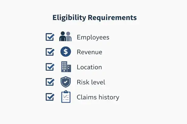 Lista de verificación de elegibilidad de BOP que muestra cinco requisitos para la calificación de la póliza de propietarios de negocio