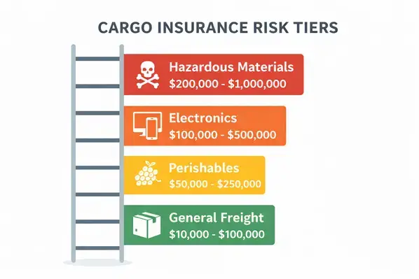 Niveles de riesgo del seguro de carga, desde carga general hasta materiales peligrosos, con rangos de responsabilidad