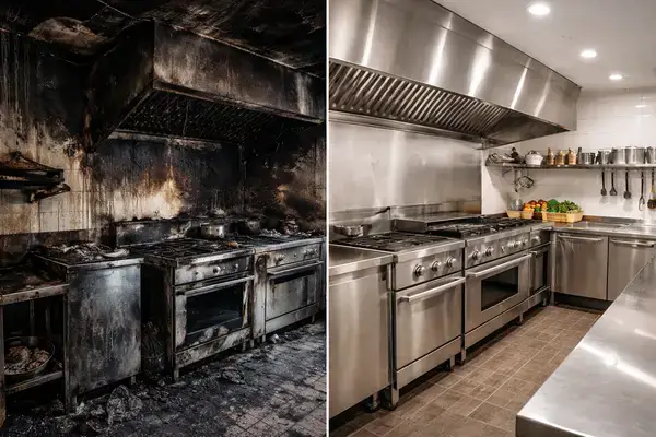 Daños por incendio antes y después en cocinas comerciales no cubiertos por GL 