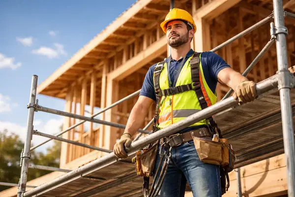 Obrero de la construcción en andamio con equipo de seguridad en una obra en Texas