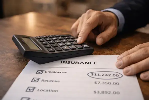 El dueño de la empresa calcula los costos del seguro BOP en su escritorio con los documentos de la prima