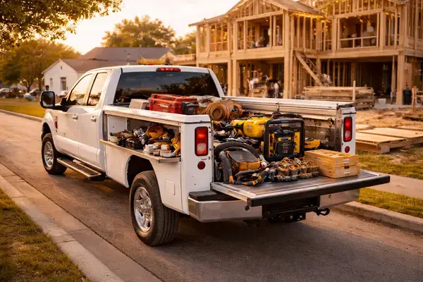 Camión de la empresa contratista cargado con herramientas y equipos para su transporte entre obra