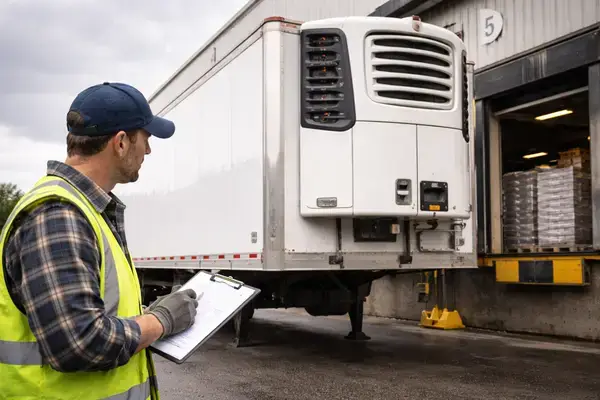Remolque refrigerado en el muelle de almacenamiento en frío que muestra la unidad de refrigeración para el seguro de carga
