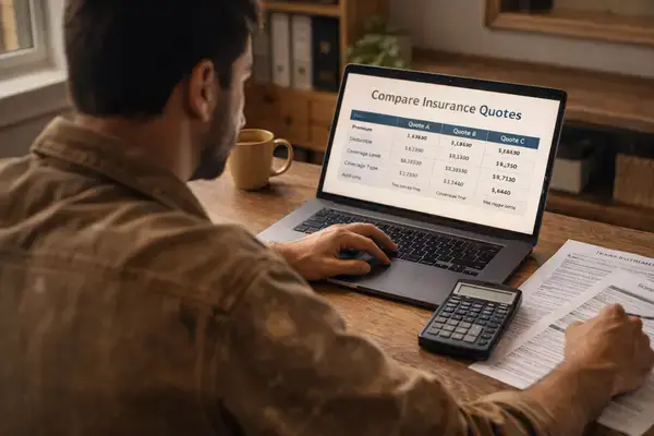 Contratista comparando los costos del seguro de una computadora portátil con cotizaciones de pólizas para dispositivos electrónicos