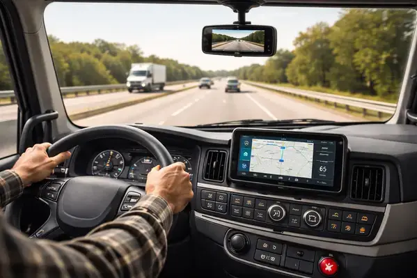 Cabina de camión con cámara de salpicadero y dispositivo telemático para obtener descuentos en la prima del seguro.
