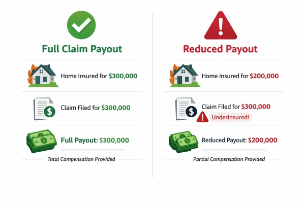 Comparación de penalizaciones por coaseguro que muestra el pago total frente al pago reducido de las reclamaciones de seguros de vivienda.