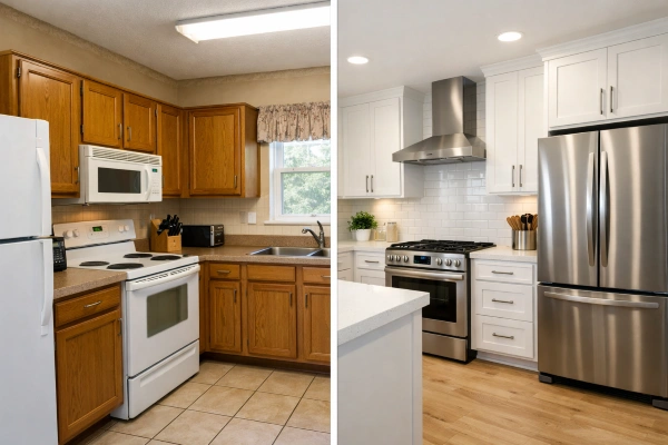 Antes y después de la reforma de una vivienda que aumenta el coste de reposición para la cobertura del seguro.