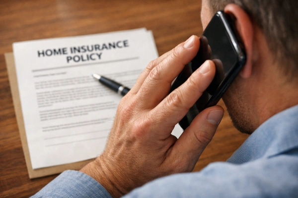 Propietario llama a su agente de seguros para revisar la cobertura de la regla del 80 por ciento en Texas.
