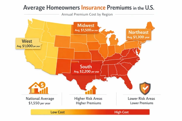 Comparación de las primas de seguros de vivienda por estado, mostrando a Florida y Texas como las regiones con los costos más altos.