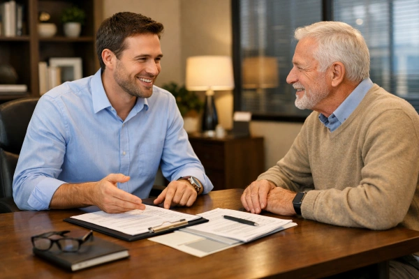 Asesor de seguros explicando opciones de seguro de vida a un cliente mayor en una reunión de oficina.