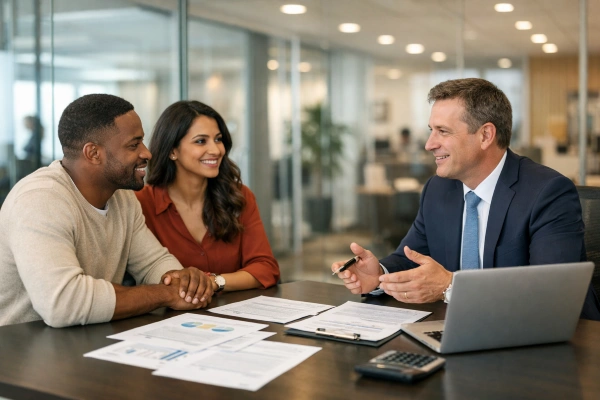 Pareja se reúne con un asesor financiero para analizar alternativas de seguro de vida antes de cancelarlo.