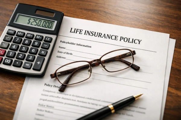 Documento de póliza de seguro de vida con calculadora que muestra los costos de la prima después de los 65 años.