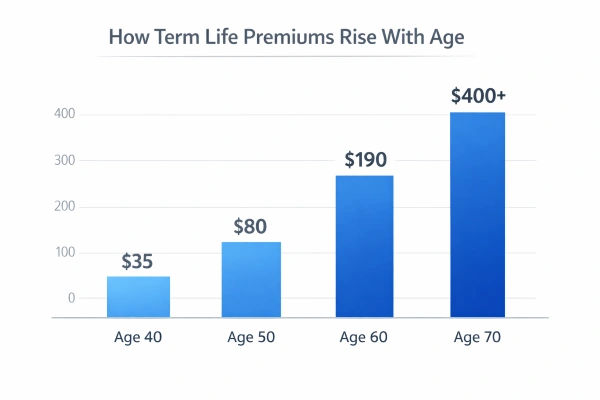 Gráfico de barras que muestra cómo las primas de los seguros de vida aumentan drásticamente con la edad, desde los 40 hasta los 70 años.