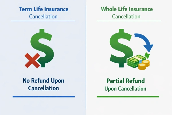 Comparación de la cancelación de seguros de vida a término frente a seguros de vida entera que muestra las diferencias en los reembolsos.