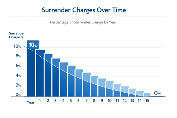 Infografía que muestra cómo los cargos por rescate de seguros de vida entera disminuyen del 10 % al 0 % en 15 años.