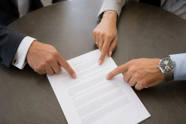 Tres partes firmando un contrato de fianza