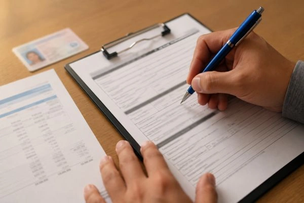 Manos completando un formulario de solicitud de fianza