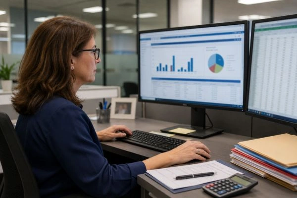 El suscriptor de fianzas revisa los datos financieros en pantalla