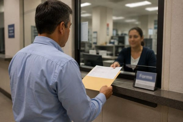 El dueño de un negocio presenta una fianza en una oficina gubernamental