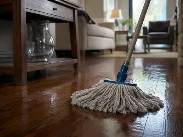 Suelo mojado y jarrón que muestran los riesgos del seguro de limpieza del hogar