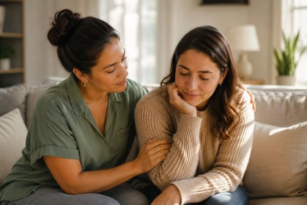 Dos personas que ofrecen consuelo y apoyo mutuo.