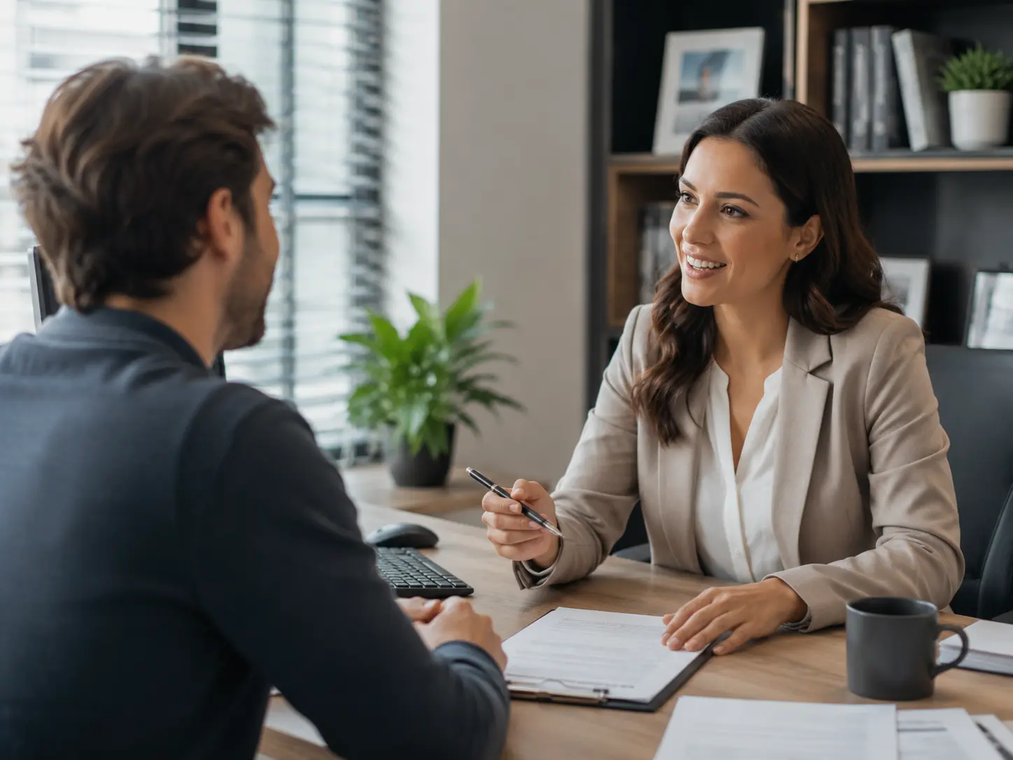 Agente de seguros atendiendo a un cliente