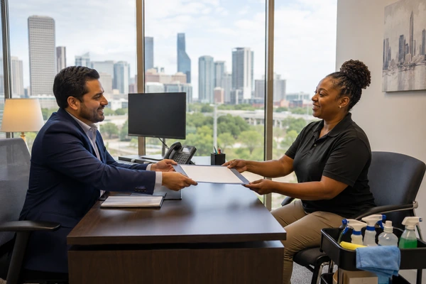 Dueño de negocio recibiendo su certificado de seguro en Houston