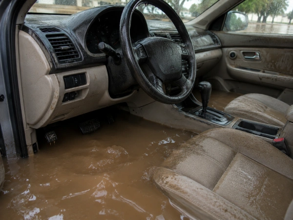 Agua de inundación dañando el interior del carro