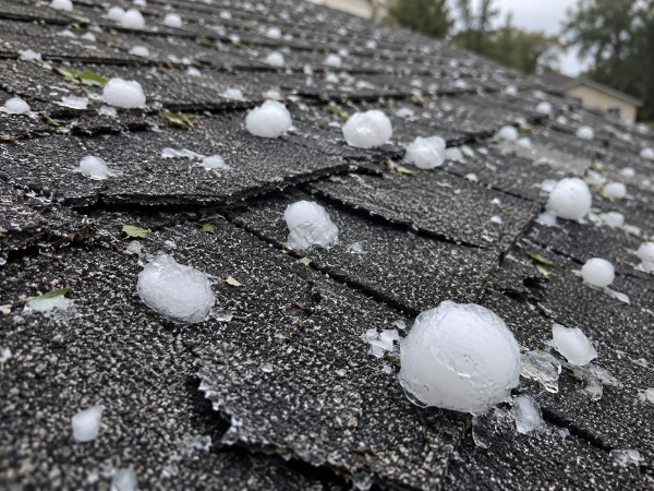 Granizo sobre tejas asfálticas dañadas en Texas