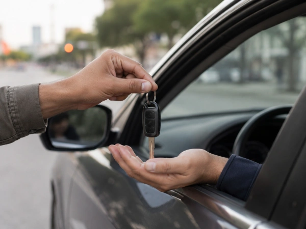 Amigo entrega llaves a conductor sin carro propio