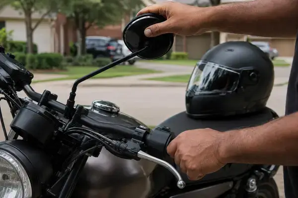 Un motorista revisa una motocicleta estacionada antes de un corto trayecto