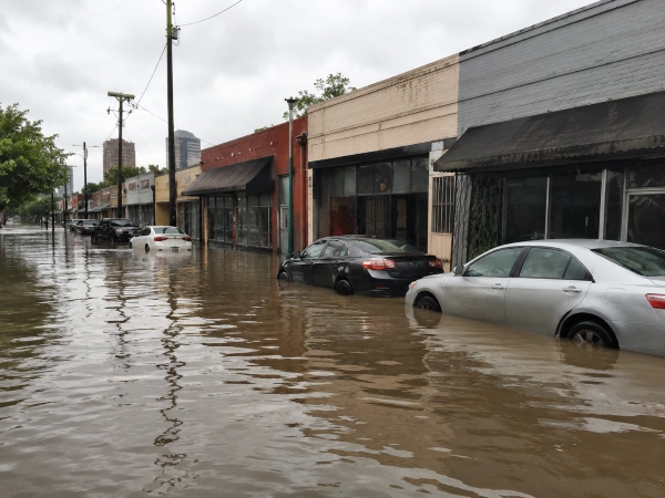 Calle comercial de Houston inundada tras la lluvia