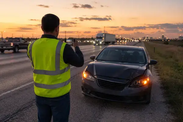 Un conductor fotografía los daños de su coche en el arcén de una carretera de Texas tras ser atropellado por un ciervo