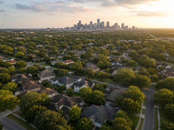 Vista aérea de techos de vecindario en Houston