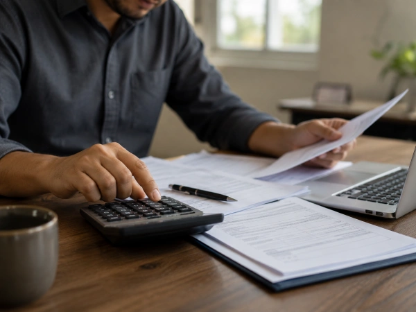 Dueño calculando el costo del seguro paraguas