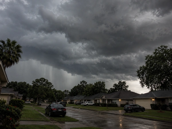 Nubes de tormenta sobre un vecindario de Houston