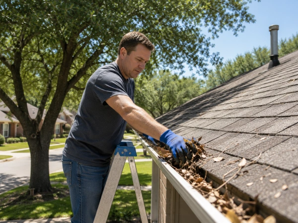 Propietario limpiando canaletas en casa de Texas