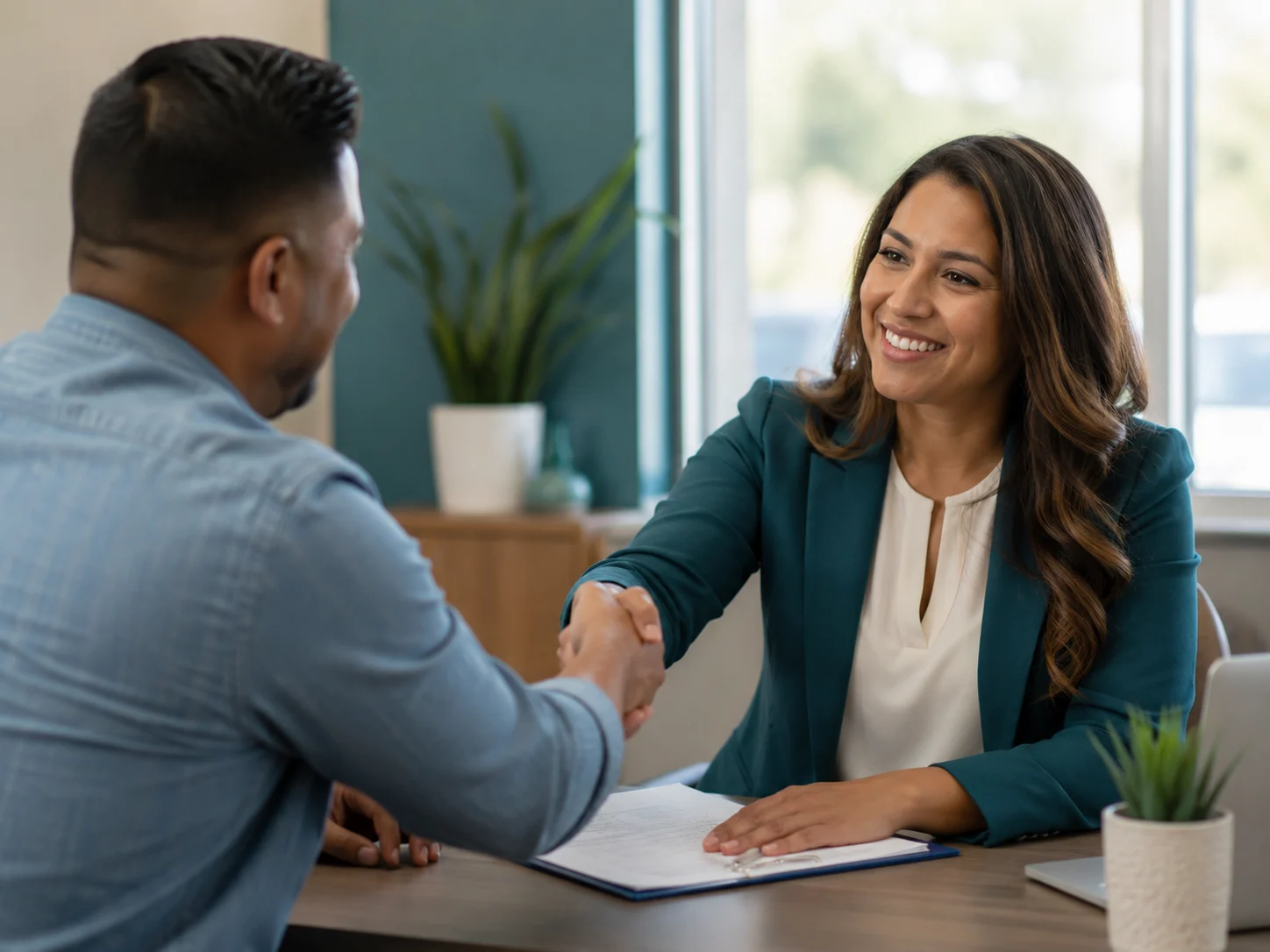 Agente y cliente cierran una consulta de seguros en Westchase, Houston