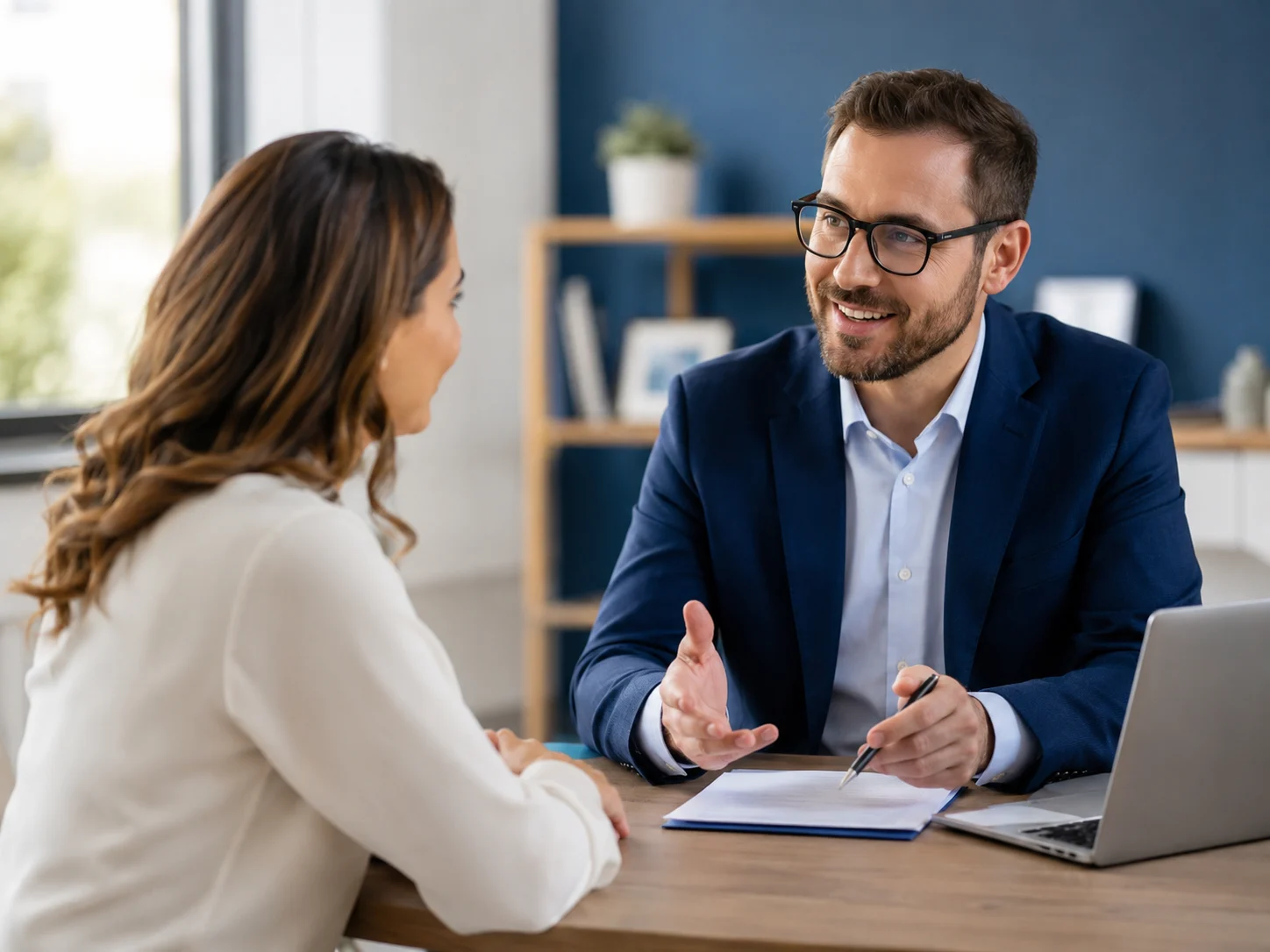 Agente de seguros conversa con una clienta en Independence Heights, Houston