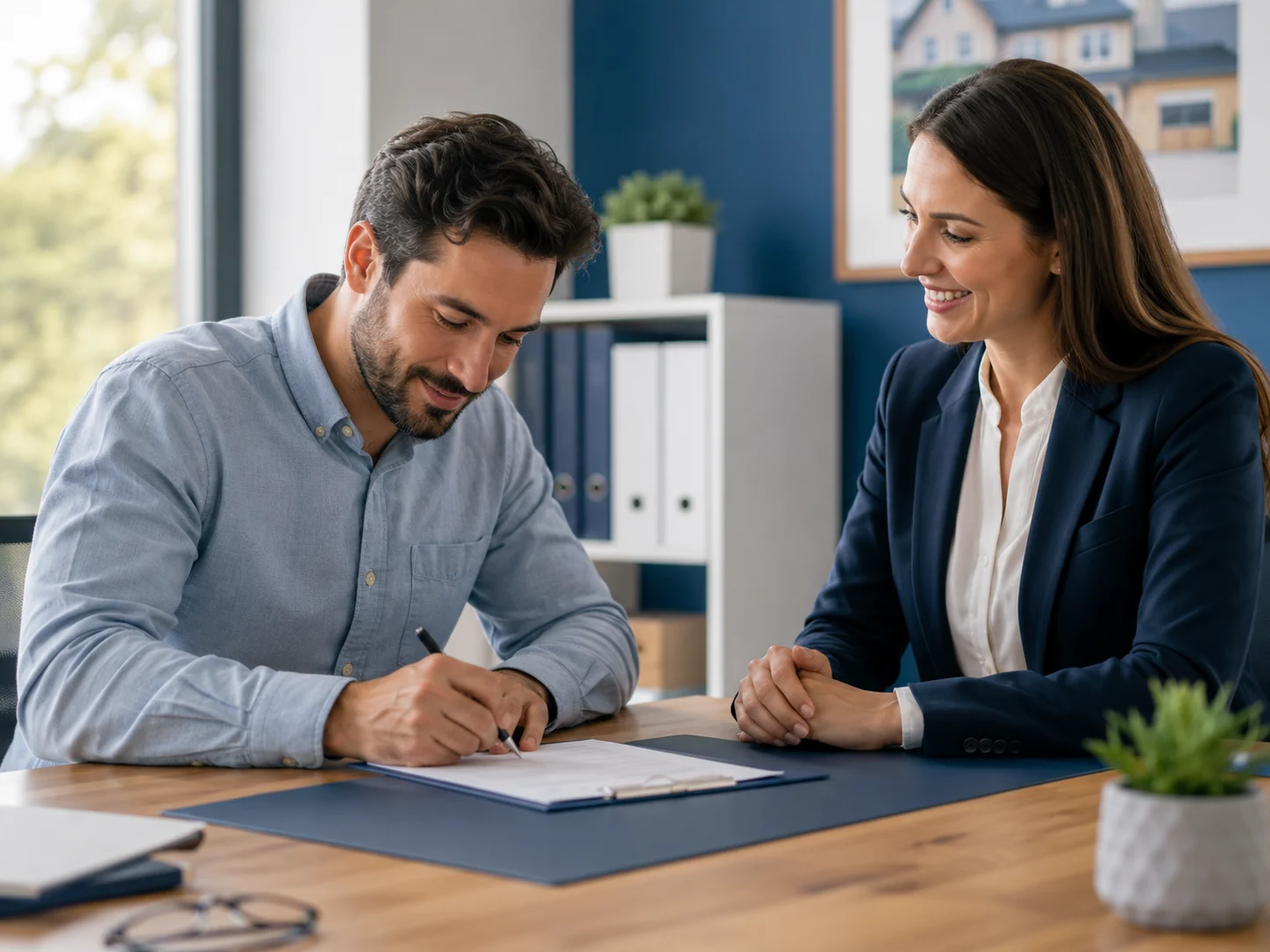 Cliente firma un contrato con una agente de seguros en Independence Heights, Houston