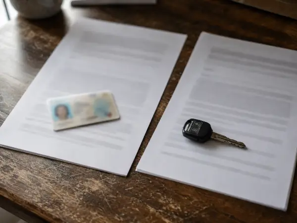 Dos documentos legales y una licencia de Texas que representan los cargos de DUI y DWI