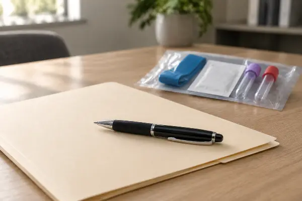 Kit de examen médico sin abrir junto a una solicitud de seguro de vida sin examen