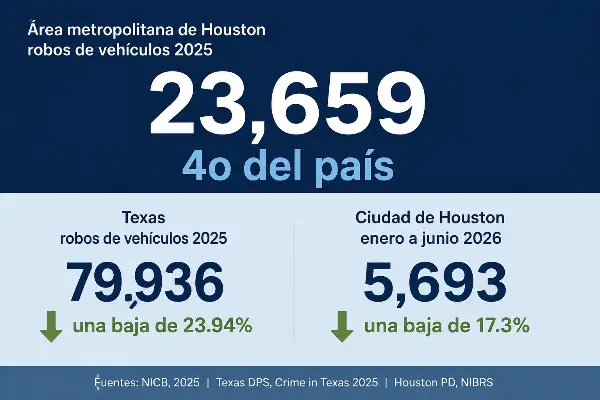 Houston cuarto lugar nacional en robos de vehículos con 23,659 en 2025 y la baja en Texas